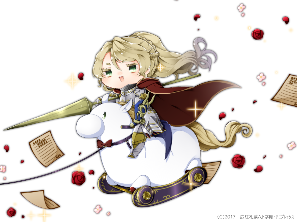 1girl alisteria_february armor blonde_hair braid cape chibi green_eyes horse lance long_hair makaroni_(yudejiru) polearm ponytail re:creators solo weapon