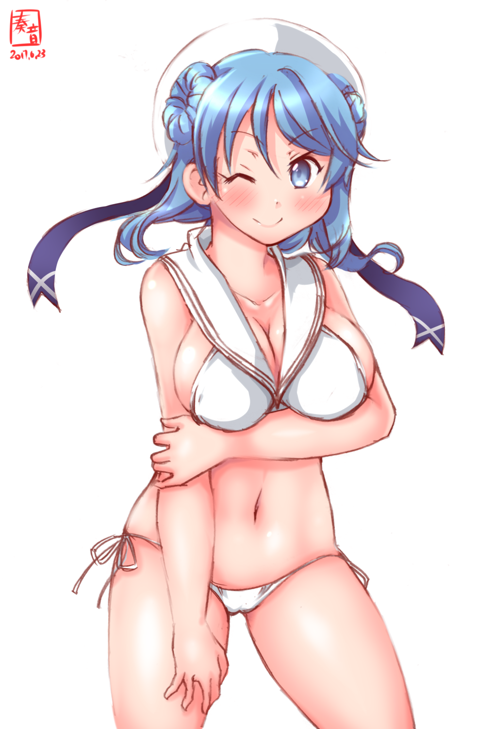 1girl bikini blue_eyes blue_hair blush breasts cleavage commentary_request cosplay dated double_bun hat highres kanon_(kurogane_knights) kantai_collection large_breasts navel sailor_hat side-tie_bikini smile solo swimsuit urakaze_(kantai_collection) white_background white_bikini winking z3_max_schultz_(kantai_collection) z3_max_schultz_(kantai_collection)_(cosplay)
