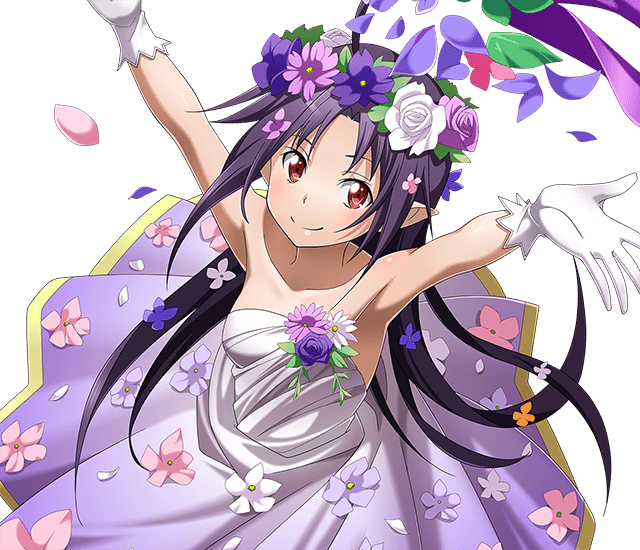 1girl armpits arms_up black_hair breasts collarbone dress floating_hair flower gloves hair_flower hair_ornament head_wreath long_hair looking_at_viewer pointy_ears purple_flower red_eyes sleeveless sleeveless_dress small_breasts smile solo strapless strapless_dress sword_art_online transparent_background very_long_hair white_flower white_gloves yuuki_(sao)