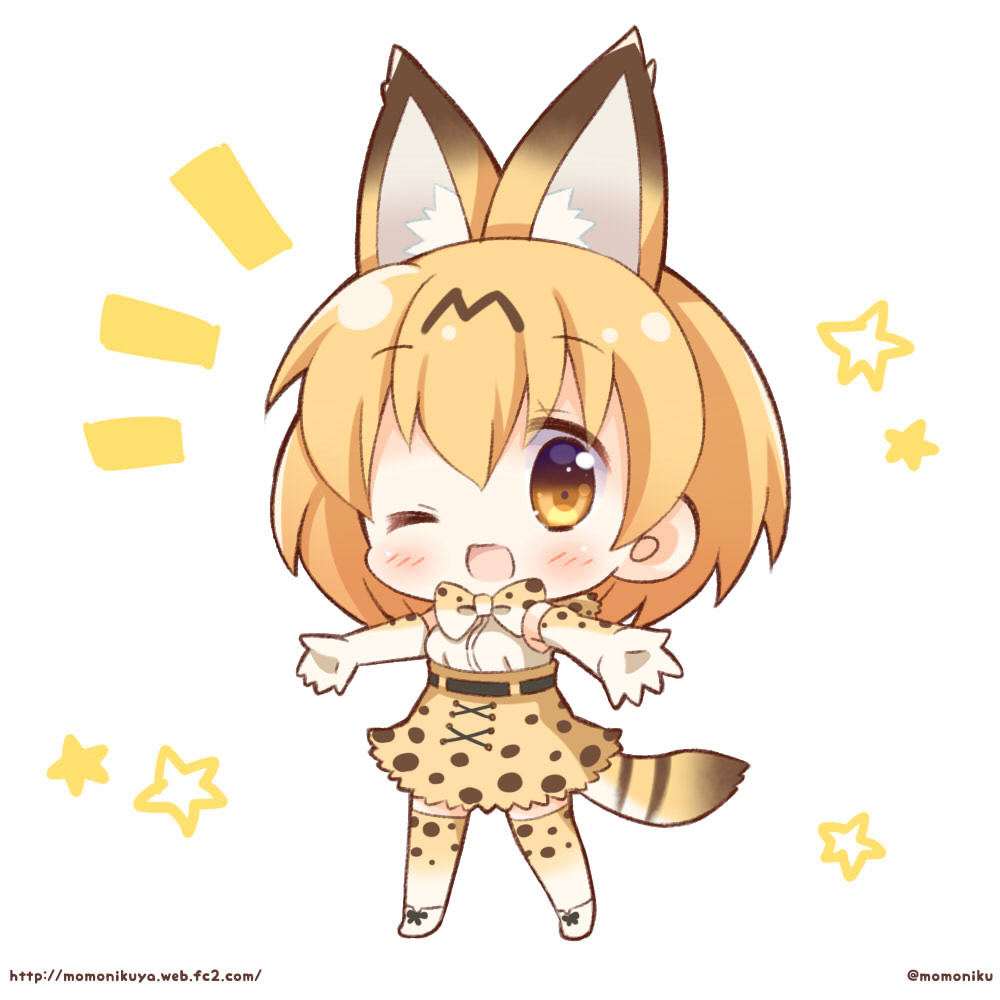 1girl ;d animal_ears armpits chibi commentary_request copyright_name elbow_gloves gloves kemono_friends looking_at_viewer momoniku_(taretare-13) one_eye_closed open_mouth outstretched_arms serval_(kemono_friends) serval_ears serval_print serval_tail short_hair smile solo spread_arms tail thigh-highs twitter_username zettai_ryouiki