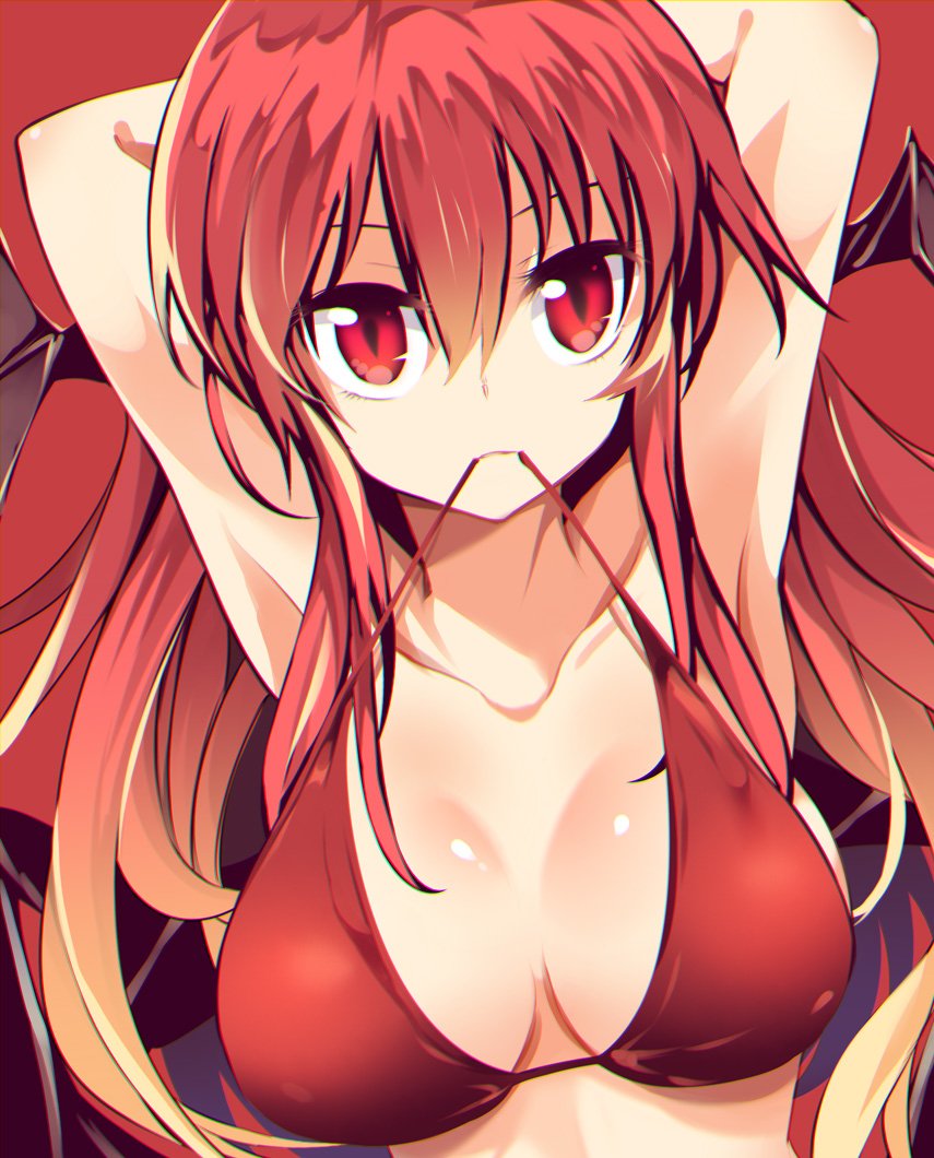 1girl armpits arms_up bikini black_wings breasts cleavage collarbone hair_between_eyes head_wings koakuma large_breasts long_hair looking_at_viewer maturiuta_sorato mouth_hold red_background red_bikini red_eyes redhead simple_background solo string_bikini swimsuit touhou upper_body very_long_hair wings