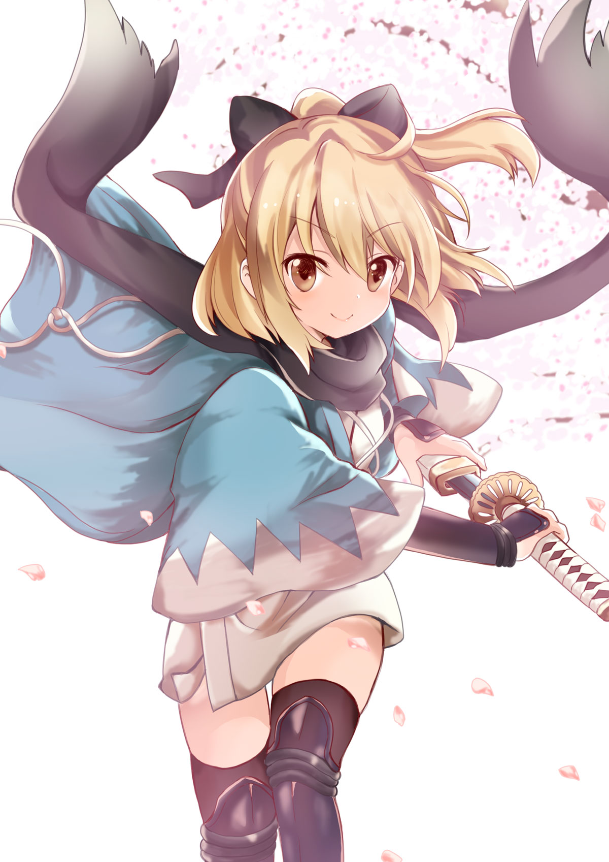 1girl bangs black_bow black_legwear black_scarf blonde_hair bow bracer brown_eyes commentary_request eyebrows_visible_through_hair fate_(series) hair_bow highres holding holding_sword holding_weapon japanese_clothes katana kimono looking_at_viewer massala petals sakura_saber scarf sheath short_hair smile solo sword thigh-highs weapon