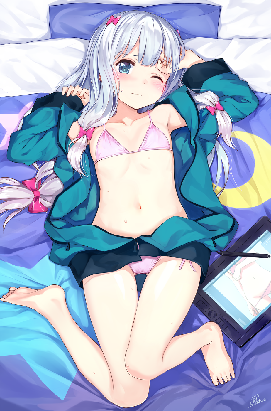 1girl amagai_tarou arm_up bangs bare_legs barefoot bikini blue_eyes blush bow closed_mouth collarbone drawing_tablet eromanga_sensei eyebrows_visible_through_hair feet flat_chest hair_bow hand_up highres izumi_sagiri jacket long_hair looking_at_viewer low-tied_long_hair lying on_back on_bed one_eye_closed open_clothes open_jacket pink_bikini purple_bow soles solo stylus sweatdrop swimsuit tablet tareme thighs unzipped wavy_mouth