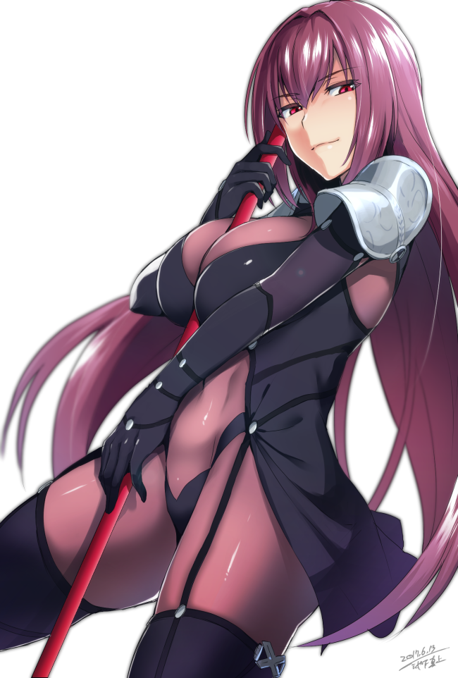 &gt;:) 1girl bangs between_breasts black_legwear bodysuit breasts closed_mouth covered_navel cowboy_shot fate/grand_order fate_(series) gae_bolg garter_straps holding holding_weapon ikeshita_moyuko large_breasts long_hair looking_at_viewer pauldrons polearm purple_bodysuit purple_hair red_eyes scathach_(fate/grand_order) smile solo spear thigh-highs weapon