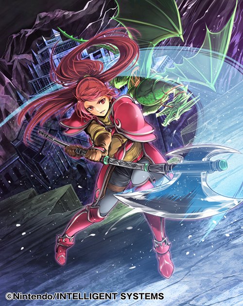 1girl arm_guards armor armored_boots axe battle_axe boots breastplate castle commentary_request company_connection copyright_name fire_emblem fire_emblem:_souen_no_kiseki fire_emblem_cipher gauntlets holding holding_weapon jill_(fire_emblem) long_hair long_sleeves night official_art open_mouth outdoors pants pauldrons polearm ponytail red_eyes redhead solo toyo_sao weapon wyvern