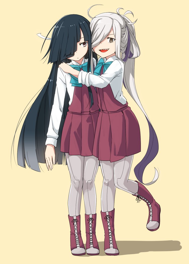 2girls ahoge asashimo_(kantai_collection) bangs black_hair blue_bow blue_bowtie blunt_bangs boots bow bowtie cross-laced_footwear grey_legwear hair_over_one_eye hayashimo_(kantai_collection) kantai_collection lace-up_boots long_hair long_sleeves moti_coi multiple_girls open_mouth pantyhose pleated_skirt ponytail red_boots red_skirt school_uniform sharp_teeth silver_hair simple_background skirt smile teeth very_long_hair yellow_background