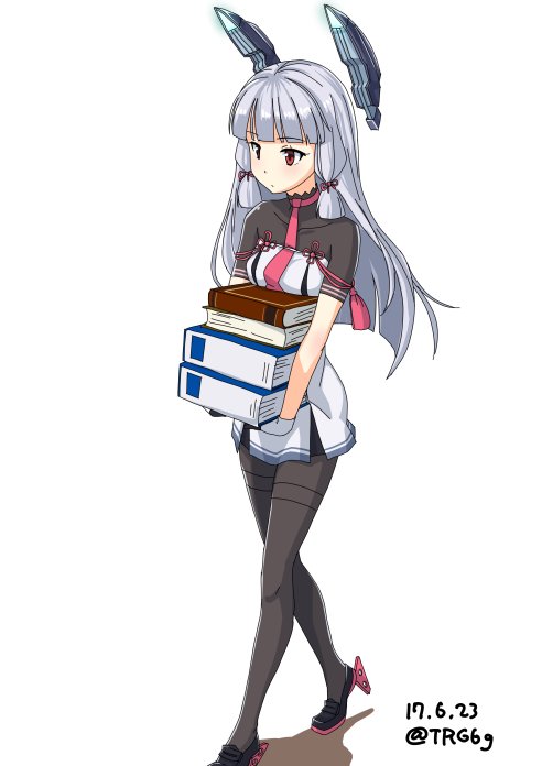 1girl 2017 bangs blunt_bangs book dated gloves hair_ribbon headgear kantai_collection long_hair murakumo_(kantai_collection) necktie orange_eyes pantyhose red_necktie remodel_(kantai_collection) ribbon rudder_shoes short_eyebrows sidelocks silver_hair simple_background solo thighband_pantyhose tress_ribbon trg_(trg_mamire) twitter_username walking white_background