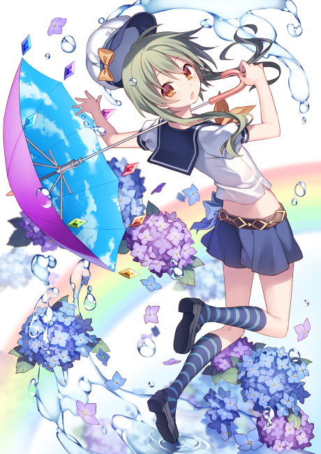 1girl arched_back belt bow commentary_request flower flower_request full_body green_hair hat hat_bow hijiri_(resetter) kneehighs long_hair looking_at_viewer looking_back open_mouth orange_eyes original rainbow sailor_collar skirt solo striped striped_legwear umbrella water