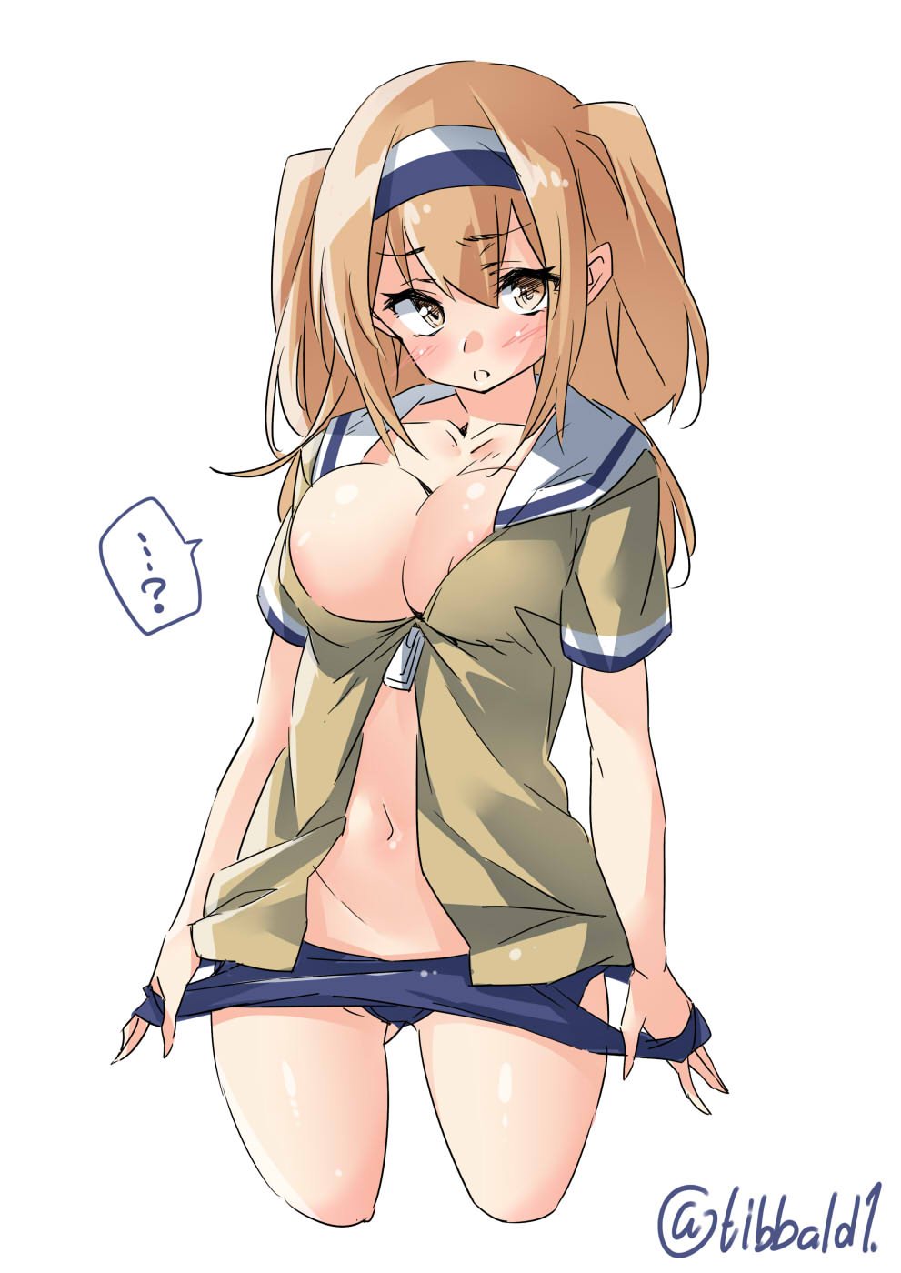 1girl blush breasts collarbone ebifurya green_jacket hair_between_eyes hairband highres i-26_(kantai_collection) jacket kantai_collection large_breasts light_brown_eyes light_brown_hair long_hair new_school_swimsuit open_mouth sailor_collar short_sleeves simple_background solo twitter_username two-tone_hairband two_side_up white_background white_sailor_collar