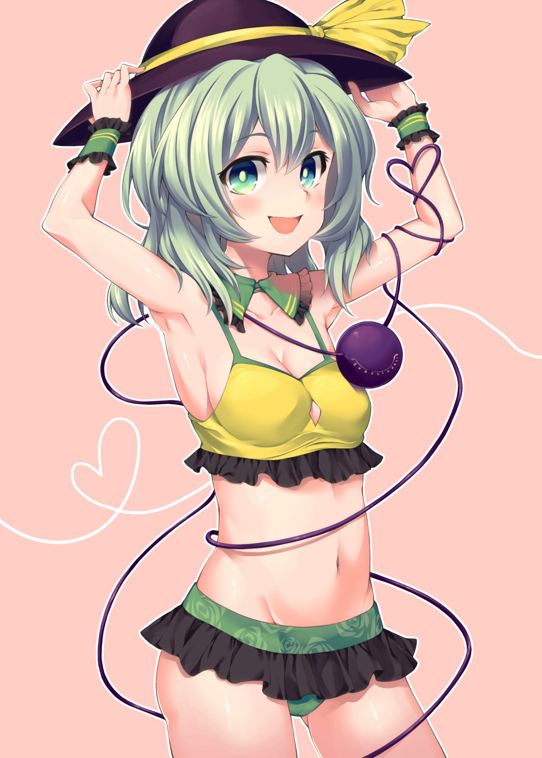 1girl adapted_costume adjusting_clothes adjusting_hat akanagi_youto bikini blush breasts green_eyes green_hair hat hat_ribbon heart heart_of_string highres komeiji_koishi navel open_mouth ribbon short_hair small_breasts smile solo swimsuit third_eye touhou