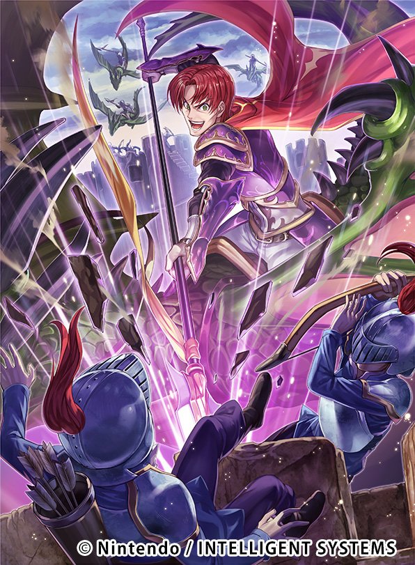1boy armor arrow bow_(weapon) cape chachie clouds company_name dragon faceless faceless_male fire_emblem fire_emblem:_hasha_no_tsurugi fire_emblem_cipher gloves green_eyes helmet male_focus official_art open_mouth polearm quiver redhead rock sky solo spear weapon wings zeed_(fire_emblem)