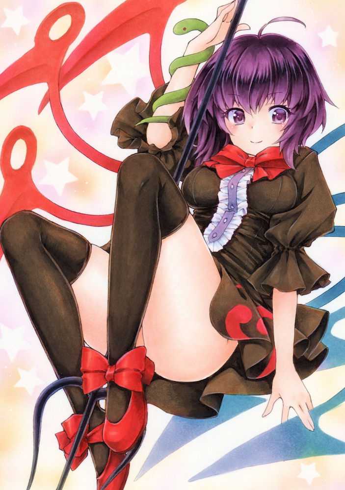 1girl alternate_eye_color alternate_hair_color asymmetrical_wings black_dress black_legwear bow bowtie breasts center_frills dress funnyfunny houjuu_nue looking_at_viewer marker_(medium) medium_breasts over-kneehighs polearm puffy_sleeves purple_hair red_bow red_bowtie red_ribbon red_shoes ribbon shoe_ribbon shoes short_dress smile snake solo thigh-highs touhou traditional_media trident violet_eyes weapon wings