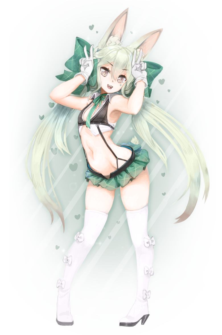 &gt;:d 1girl :d animal_ears arched_back art556_(girls_frontline) barbariank boots bow bow_footwear brown_eyes commentary double_v eyebrows_visible_through_hair facial_mark fangs flat_chest girls_frontline gloves gradient_hair green_bow green_hair green_skirt hair_between_eyes hair_bow heart large_bow long_hair looking_at_viewer low_twintails microskirt multicolored_hair navel neck_ribbon open_mouth petite pigeon-toed ribbon skirt sleeveless smile solo stomach suspender_skirt suspenders tail teeth thigh-highs thigh_boots transparent_background twintails v very_long_hair white_boots white_gloves zettai_ryouiki