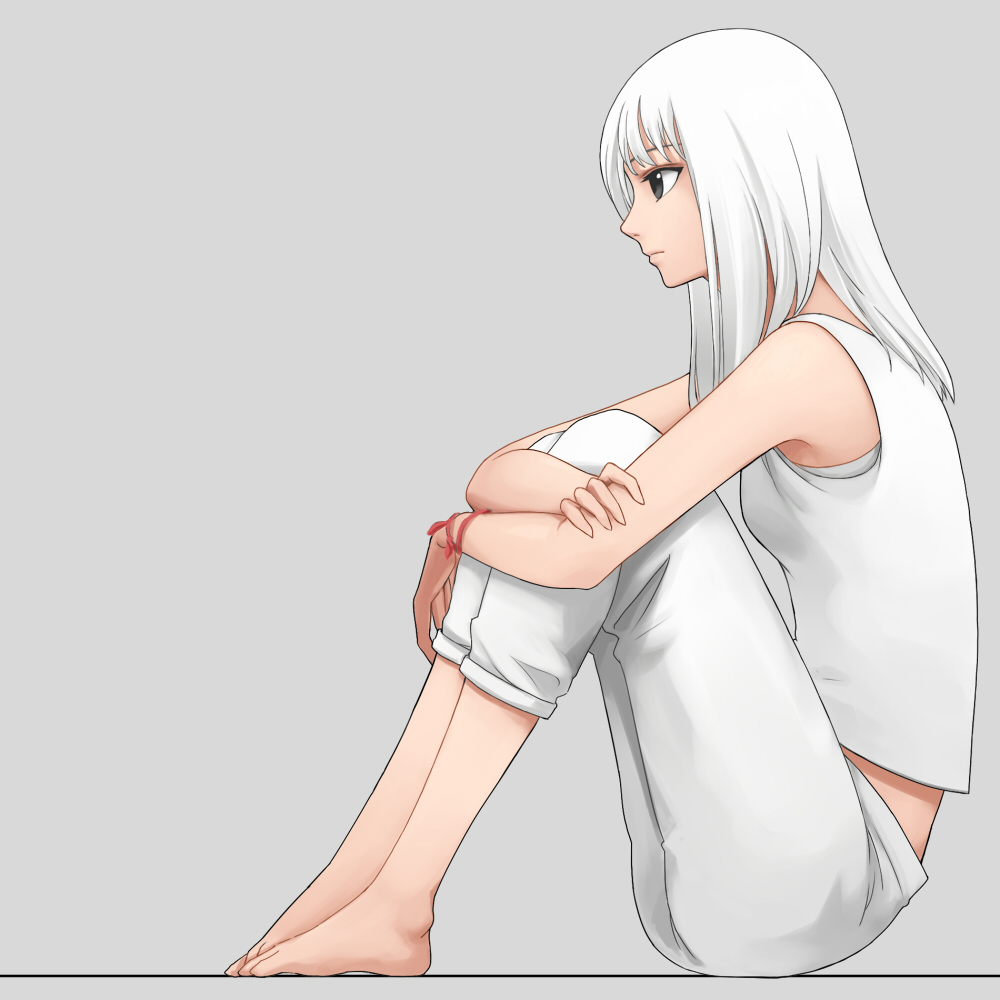 1girl armpits bangs bare_arms bare_shoulders barefoot black_eyes breasts closed_mouth from_side full_body leg_hug long_hair oopartz_yang original pants profile sitting small_breasts solo tank_top white_hair white_pants