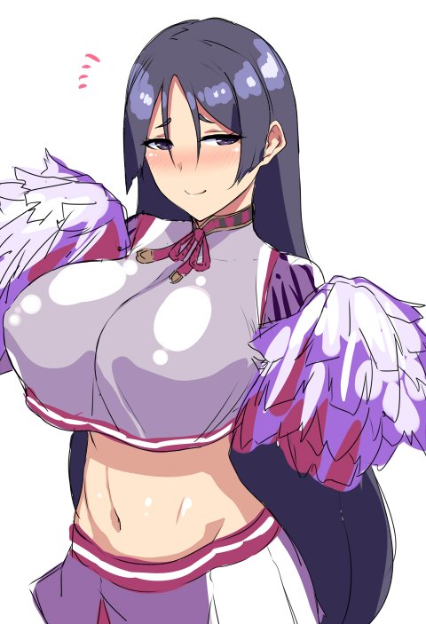 1girl adapted_costume blush breasts cheerleader closed_mouth crop_top fate/grand_order fate_(series) groin horosuke_(toot08) large_breasts long_hair looking_at_viewer minamoto_no_raikou_(fate/grand_order) navel nose_blush pom_poms purple_hair smile solo stomach upper_body very_long_hair violet_eyes