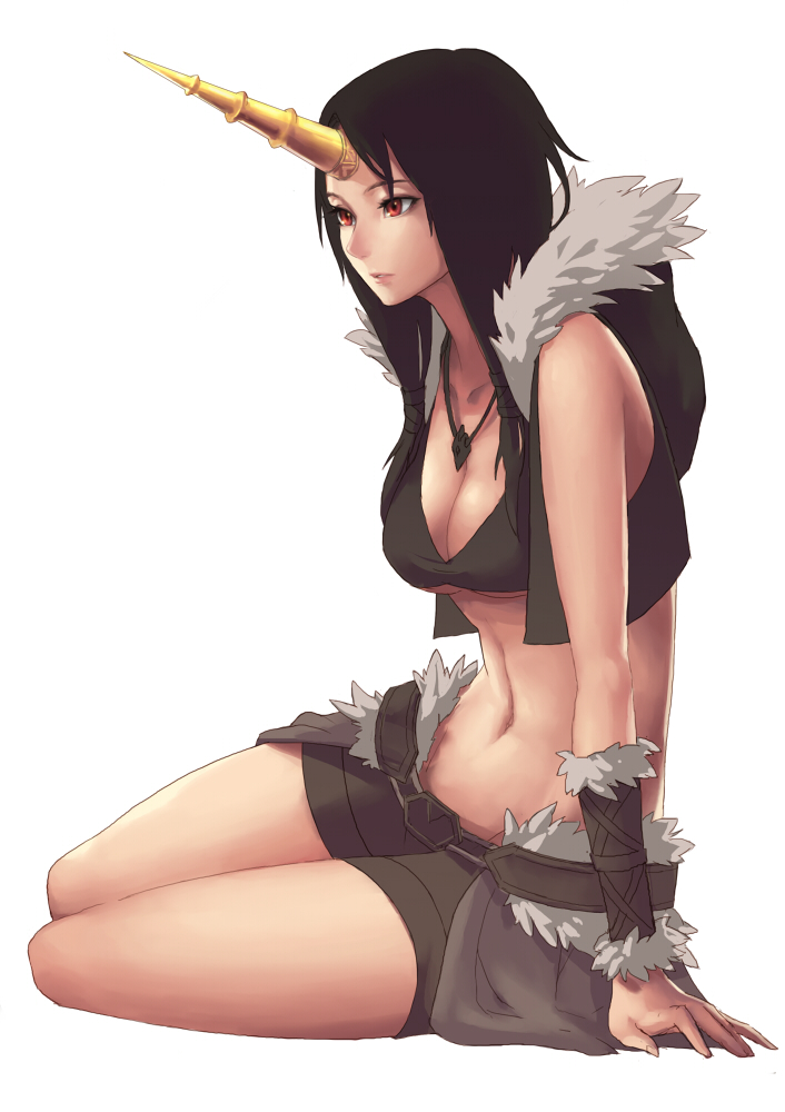1girl arm_support bare_shoulders black_bikini_top black_hair black_vest breasts cleavage collarbone full_body fur_trim horn jewelry long_hair looking_away medium_breasts navel necklace oopartz_yang open_clothes open_vest original parted_lips red_eyes short_shorts shorts sitting solo stomach vambraces vest yokozuwari