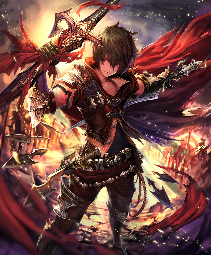 1boy albert_(shingeki_no_bahamut) armor armored_boots army artist_request belt boots brown_eyes brown_hair cape cygames dual_wielding elbow_gloves gloves holding holding_sword holding_weapon knife official_art scabbard shadowverse sheath shingeki_no_bahamut smirk sword torn_cape vest weapon