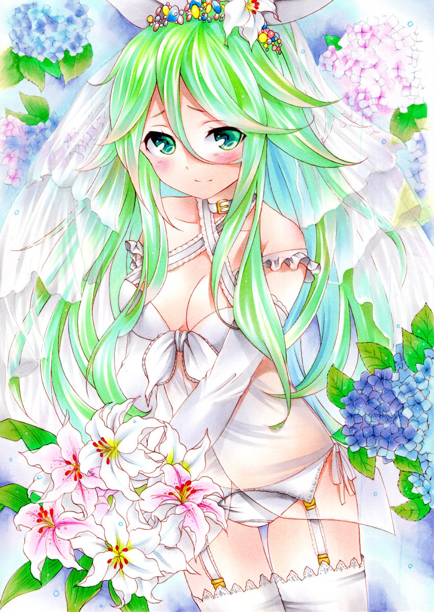 1girl alternate_costume bikini blush bouquet breasts bridal_veil choker cleavage collarbone commentary_request dress flower green_eyes green_hair hair_between_eyes highres hydrangea kantai_collection lily_(flower) long_hair looking_at_viewer marker_(medium) smile solo swimsuit tiara traditional_media veil wedding_dress white_bikini yamakaze_(kantai_collection) yoruoujito-tsukinohime