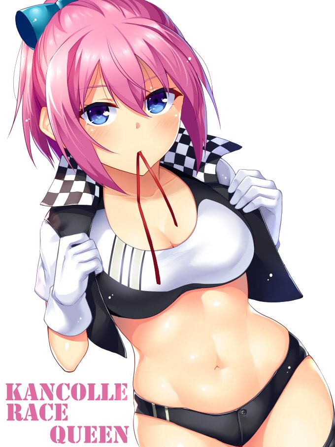 1girl alternate_costume bangs bikini_bottom black_jacket black_legwear blue_eyes blush breasts checkered cleavage collarbone commentary copyright_name cowboy_shot cropped_jacket dutch_angle eyebrows_visible_through_hair gloves hair_between_eyes hair_ornament horosuke_(toot08) jacket kantai_collection looking_at_viewer medium_breasts mouth_hold navel open_clothes open_jacket pink_hair ponytail racequeen red_ribbon ribbon ribbon_in_mouth sanpaku shiny shiny_skin shiranui_(kantai_collection) short_hair short_sleeves simple_background solo speech_bubble standing stomach swimsuit tank_top tankini undressing white_background white_gloves