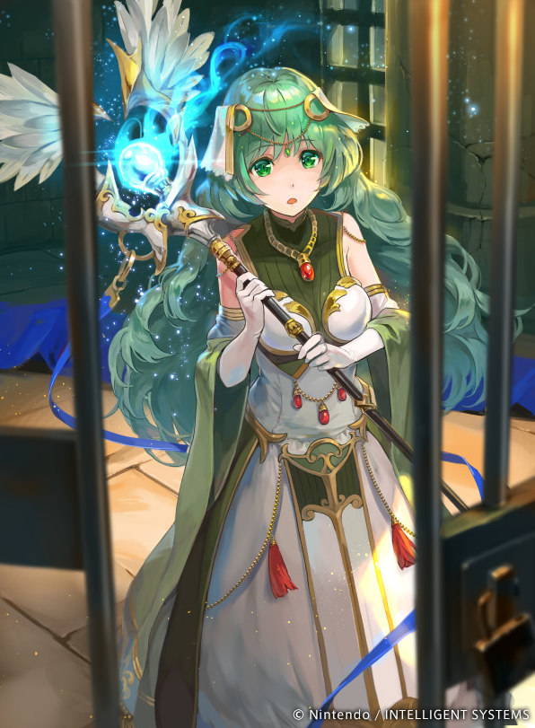 1girl bare_shoulders breastplate circlet company_name dress fire_emblem fire_emblem_cipher fire_emblem_echoes:_mou_hitori_no_eiyuuou gloves green_eyes green_hair hmk84 jewelry long_hair necklace official_art open_mouth solo sparkle staff teeta_(fire_emblem) wavy_hair