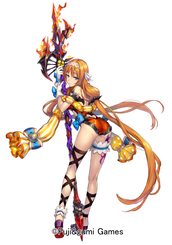 1girl ass azutarou blue_eyes blush brown_hair eyebrows_visible_through_hair full_body holding holding_spear holding_weapon long_hair looking_at_viewer official_art phantom_of_the_kill polearm solo spear transparent_background weapon