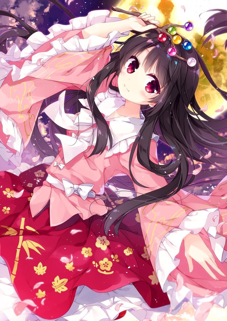 1girl arm_up black_hair blush bow collarbone eyebrows_visible_through_hair houraisan_kaguya jeweled_branch_of_hourai long_hair long_sleeves looking_at_viewer marimo_moka pink_eyes smile solo touhou white_bow