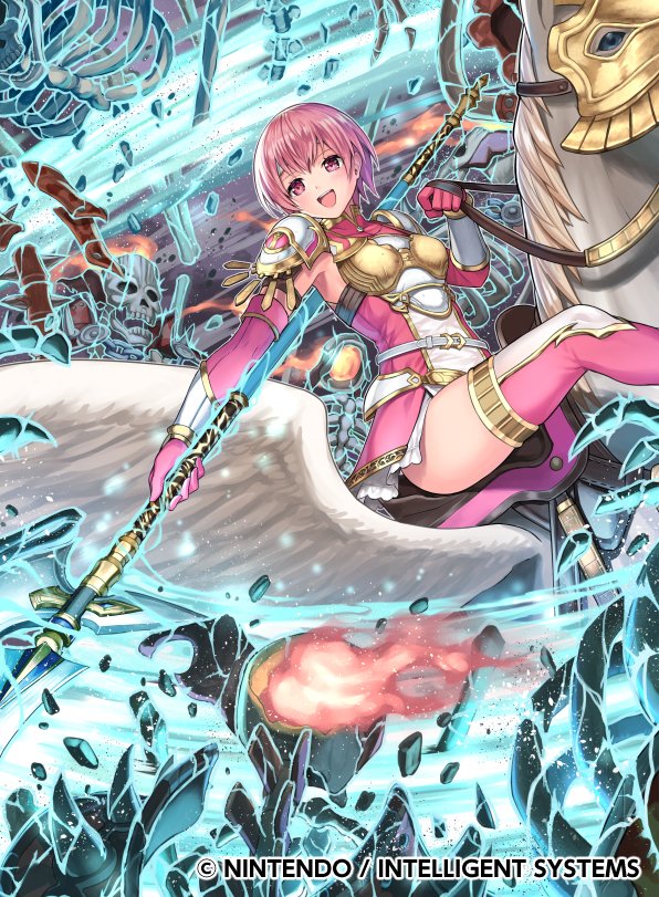 1girl armor bangs belt breastplate breasts circlet commentary_request company_name copyright_name dress elbow_gloves est fire_emblem fire_emblem_cipher fire_emblem_echoes:_mou_hitori_no_eiyuuou gloves holding holding_weapon horseback_riding kousei_horiguchi medium_breasts official_art open_mouth outdoors pauldrons pegasus pegasus_knight pink_eyes pink_hair polearm riding short_dress short_hair shoulder_armor skull smile solo spear thigh-highs weapon wings zettai_ryouiki