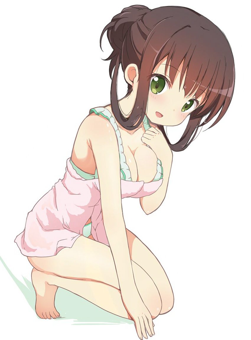 1girl :d bangs barefoot bikini blush breasts brown_hair cleavage collarbone eyebrows_visible_through_hair full_body gochuumon_wa_usagi_desu_ka? green_bikini green_eyes hair_bun hand_on_own_chest itamochi kneeling large_breasts long_hair looking_at_viewer open_mouth pink_towel sidelocks simple_background smile solo swimsuit towel ujimatsu_chiya white_background