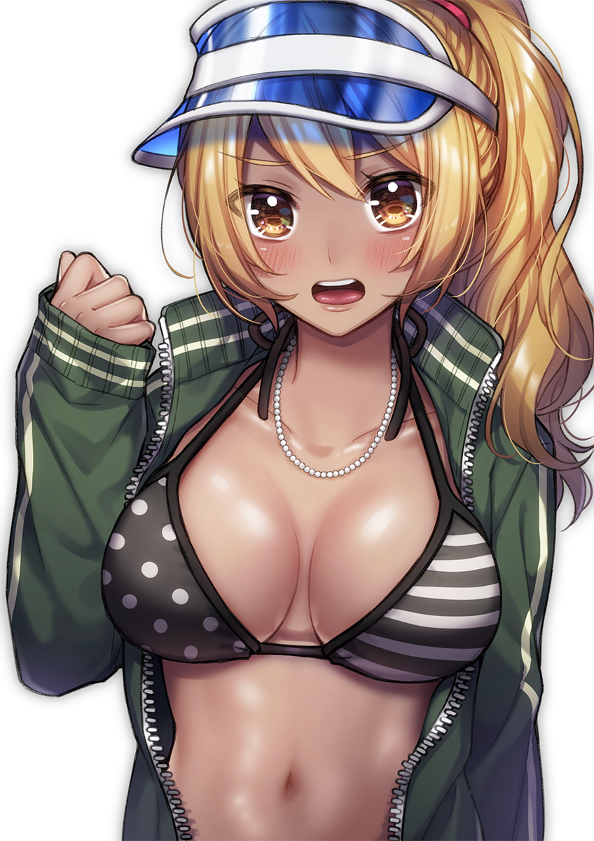 1girl blonde_hair blush breasts cleavage collarbone dark_skin eyebrows_visible_through_hair highres jewelry kiritani846 large_breasts long_hair long_sleeves looking_at_viewer navel necklace open_mouth original ponytail swimsuit teeth transparent_background upper_body yellow_eyes