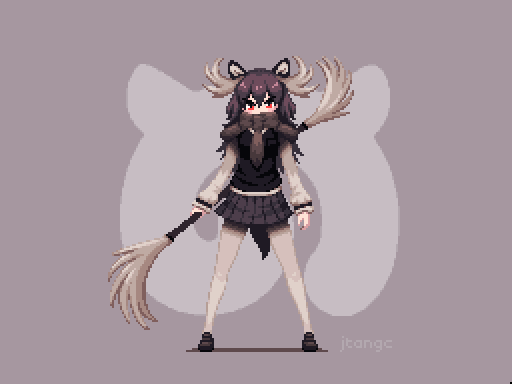 1girl antlers artist_name brown_hair full_body holding holding_weapon japari_symbol jtangc kemono_friends legs_apart long_hair long_sleeves looking_at_viewer moose_(kemono_friends) moose_ears pixel_art red_eyes scarf skirt solo standing weapon