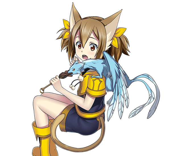 1girl animal_ears black_shorts boots brown_eyes brown_hair cat_ears cat_tail dragon_on_shoulder eating food hair_ribbon holding holding_food invisible_chair long_hair looking_at_viewer open_mouth pina_(sao) ribbon short_twintails shorts silica_(sao-alo) sitting solo sword_art_online tail transparent_background twintails yellow_boots yellow_ribbon