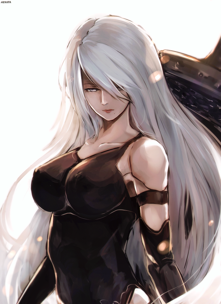 1girl android bare_shoulders black_gloves black_leotard blue_eyes breasts collarbone commentary_request dyolf elbow_gloves expressionless eyes_visible_through_hair gloves hair_between_eyes half-closed_eyes leotard lips long_hair looking_at_viewer medium_breasts mole mole_under_mouth nier_(series) nier_automata silver_hair simple_background sword upper_body very_long_hair weapon weapon_on_back yorha_type_a_no._2