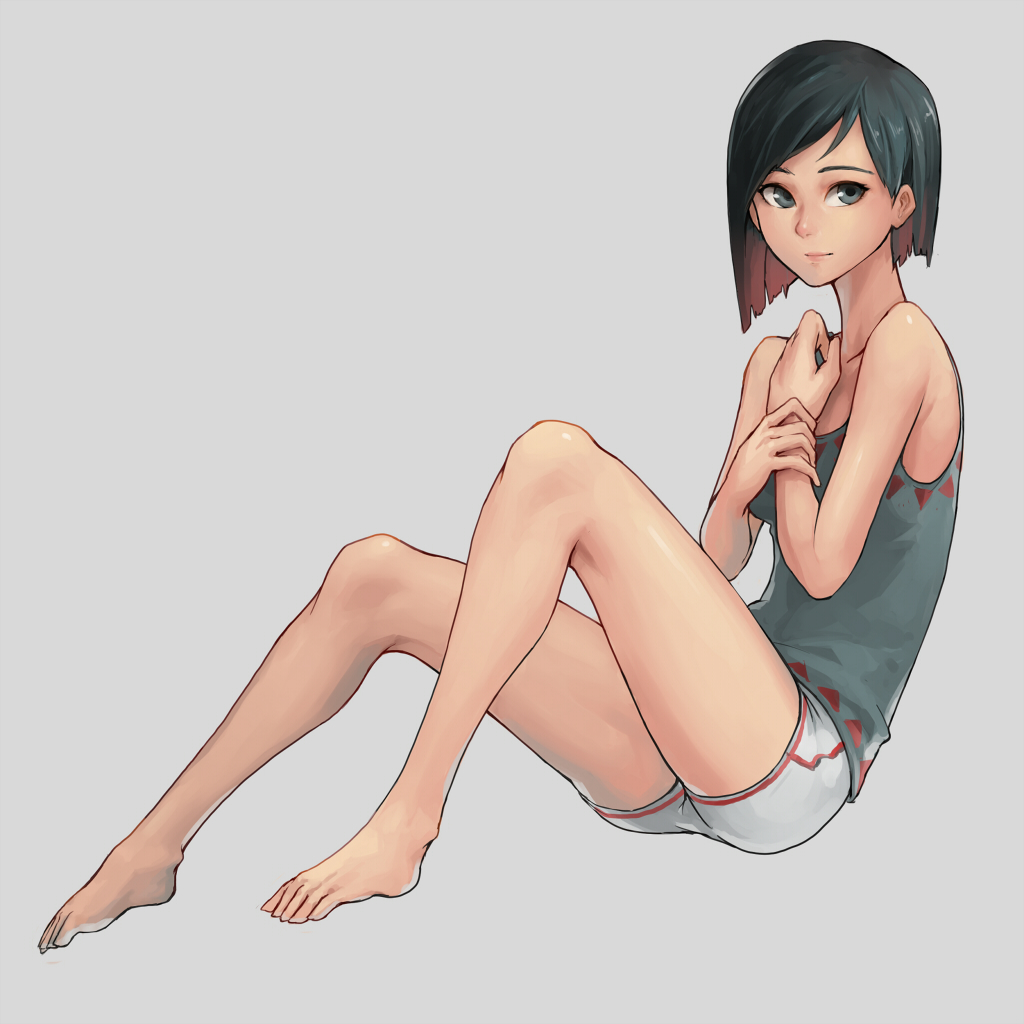 1girl armpit_peek asymmetrical_hair bare_arms bare_legs bare_shoulders barefoot black_eyes black_hair breasts closed_mouth from_side full_body looking_at_viewer looking_to_the_side oopartz_yang original short_hair short_shorts shorts small_breasts solo tank_top thighs