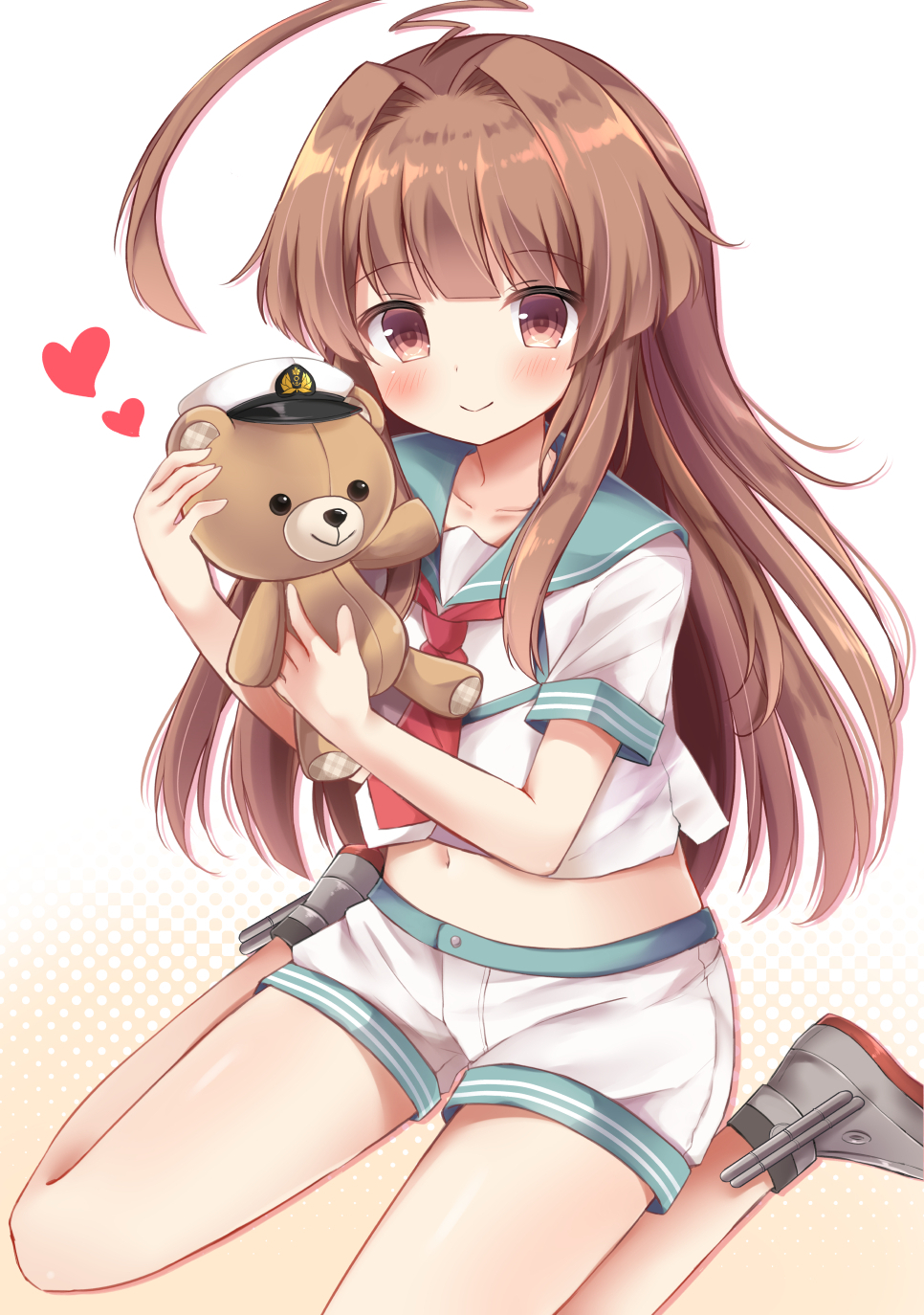 1girl ahoge aqua_sailor_collar brown_eyes brown_hair eyebrows_visible_through_hair heart highres holding_doll kantai_collection kuma_(kantai_collection) long_hair masayo_(gin_no_ame) midriff neckerchief red_neckerchief sailor_collar school_uniform serafuku short_sleeves shorts smile solo stuffed_animal stuffed_toy teddy_bear white_shorts