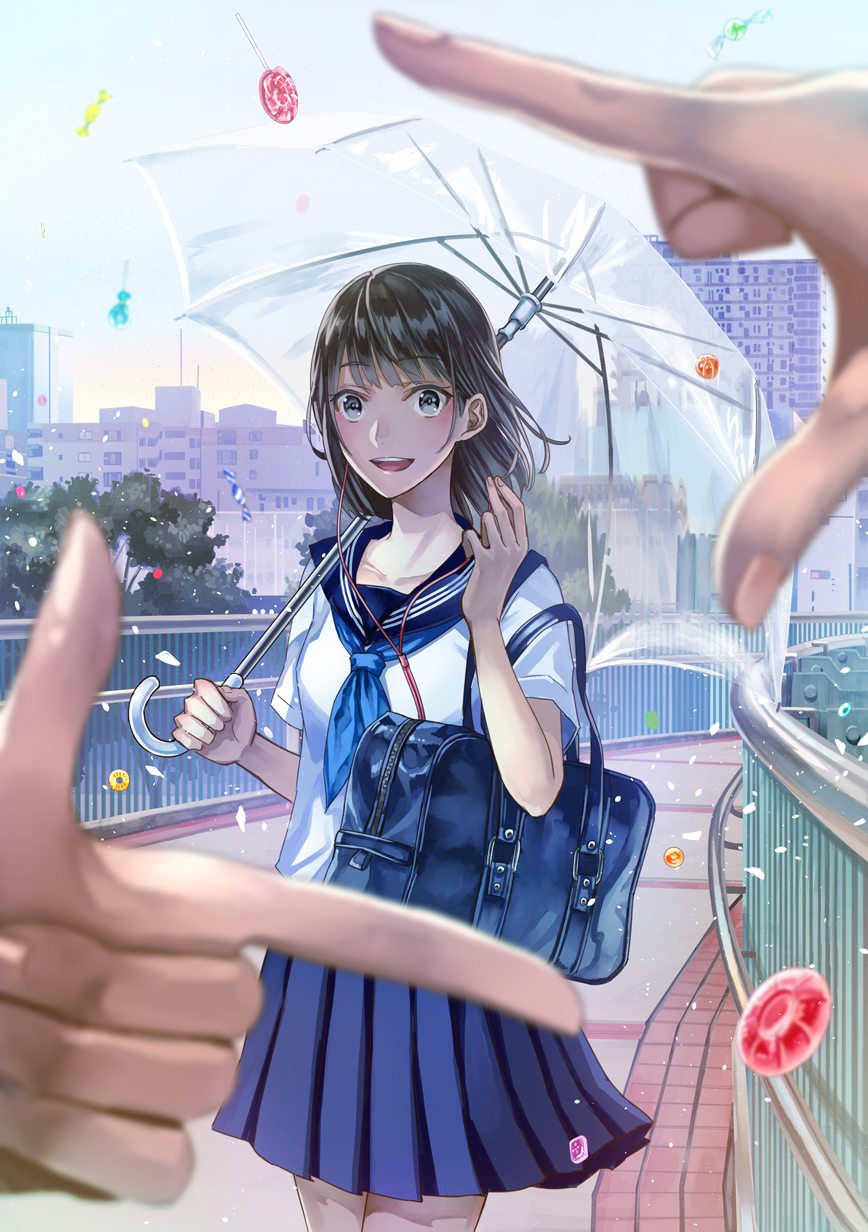 1girl bag bangs black_eyes black_hair blouse blue_neckerchief blue_skirt blush candy city collarbone cowboy_shot duffel_bag earphones earphones eyebrows_visible_through_hair finger_frame food grey_eyes hand_up highres holding holding_umbrella kirinosuke light_particles lollipop long_hair looking_at_viewer neckerchief open_mouth original outdoors pleated_skirt pov pov_finger_frame railing school_bag school_uniform serafuku short_hair sidewalk skirt smile solo_focus standing teeth transparent_umbrella umbrella white_blouse wrapped_candy