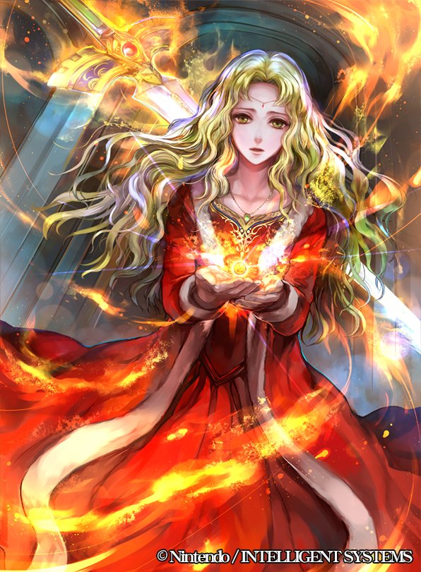 1girl blonde_hair circlet company_name dress fire fire_emblem fire_emblem:_fuuin_no_tsurugi fire_emblem_cipher guinevere_(fire_emblem) jewelry necklace official_art open_mouth solo sword wadadot_lv wavy_hair weapon yellow_eyes