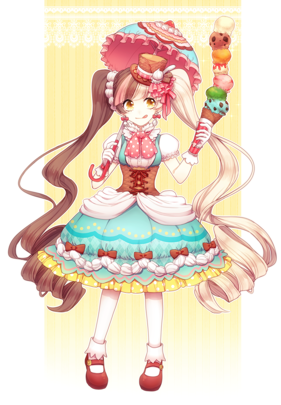 1girl :q blonde_hair bow brown_bow brown_hair corset curly_hair dress earrings food food_themed_clothes fork full_body gloves hair_ribbon hat highres holding ice_cream_cone jewelry kiritani846 lolita_fashion long_hair mary_janes mini_hat mini_top_hat multicolored_hair original outline outside_border pale_skin parasol personification pink_bow pink_hair pocketland polka_dot polka_dot_bow red_shoes ribbon shoes socks solo spoon stack standing sweet_lolita tongue tongue_out top_hat twintails umbrella very_long_hair white_gloves white_legwear yellow_eyes