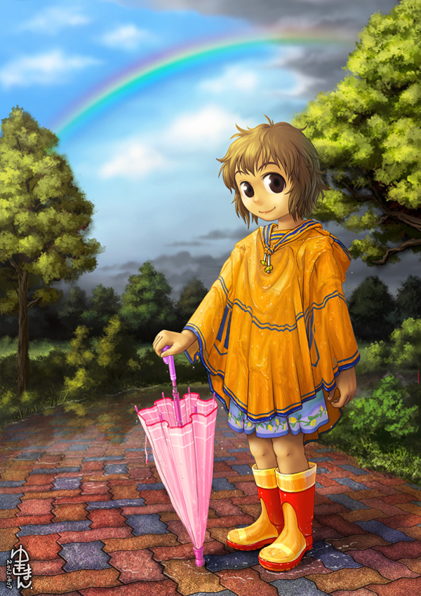 1girl after_rain bangs blue_skirt blue_sky boots brown_eyes brown_hair closed_mouth clouds commentary_request dated day full_body looking_at_viewer original poncho rain rainbow red_footwear rubber_boots short_hair signature skirt sky smile solo standing tree two-tone_footwear umbrella water yellow_footwear yukiman