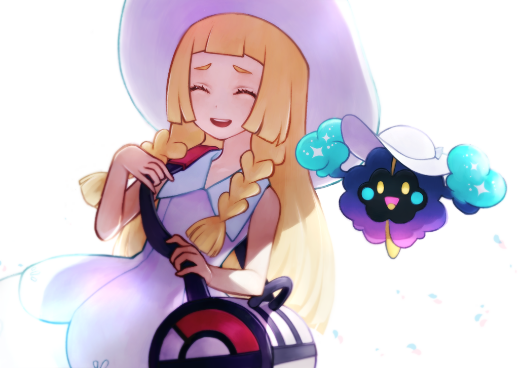 1girl :d bag bangs blonde_hair blunt_bangs braid closed_eyes collared_dress commentary_request cosmog dress duffel_bag flat_chest hat light lillie_(pokemon) long_hair looking_at_viewer mopiwo open_mouth poke_ball_theme pokemon pokemon_(creature) pokemon_(game) pokemon_sm simple_background sleeveless sleeveless_dress smile sun_hat sundress teeth thick_eyebrows twin_braids white_background white_dress white_hat