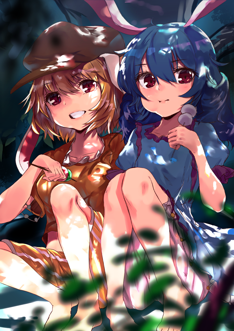 2girls asuzemu bangs barefoot blonde_hair bloomers blue_dress blue_hair blurry blush breasts brown_hat dango dappled_sunlight day depth_of_field dress ears_down eating food frilled_sleeves frills grass grin hair_between_eyes hat knees_together_feet_apart legs looking_at_viewer low_twintails midriff multiple_girls red_eyes ringo_(touhou) seiran_(touhou) shiny shiny_hair short_sleeves shorts side-by-side sitting small_breasts smile striped striped_shorts sunlight touhou tree twintails underwear wagashi yellow_shorts
