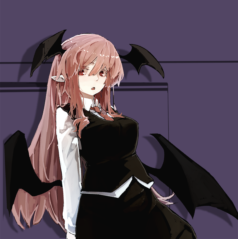 1girl :o bat_wings blue_background breasts colored_eyelashes commentary_request cowboy_shot dress_shirt eyelashes fang futatsuki_eru head_wings koakuma large_breasts leaning_to_the_side long_hair looking_at_viewer looking_to_the_side low_wings necktie pale_skin pointy_ears red_eyes red_necktie redhead shadow shirt sidelocks simple_background skirt skirt_set solo touhou very_long_hair vest white_shirt wings