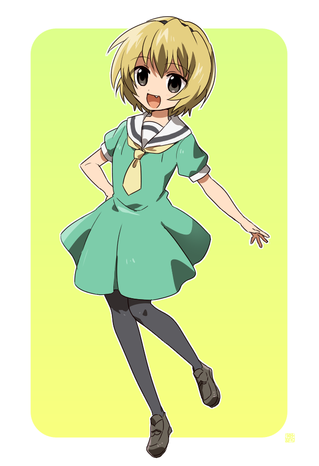 1girl :d artist_request black_eyes black_legwear blonde_hair dress fang full_body hairband hand_on_hip higurashi_no_naku_koro_ni houjou_satoko open_mouth pantyhose sakuraba_00 seifuku shoes short_hair short_sleeves smile solo