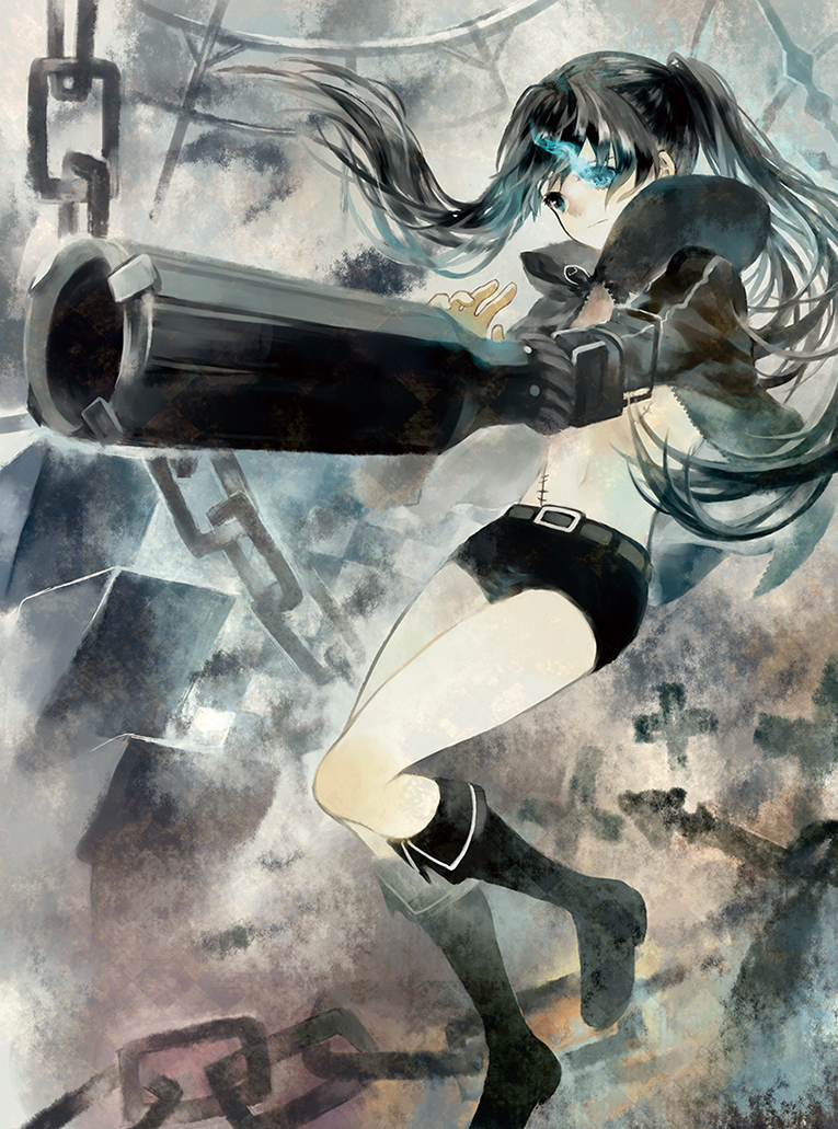 1girl black_boots black_hair black_jacket black_rock_shooter black_rock_shooter_(character) black_shorts blue_eyes boots burning_eye chains floating_hair full_body jacket long_hair midriff moekon navel open_clothes open_jacket scar short_shorts shorts solo stomach twintails unzipped