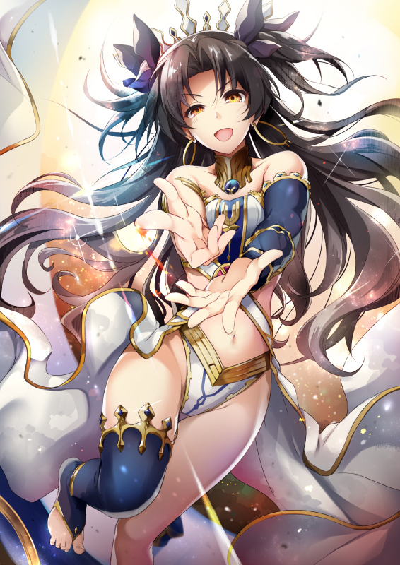 1girl :d bandeau bangs black_hair breasts brown_eyes earrings fate/grand_order fate_(series) floating_hair foreshortening hair_ornament highleg hirai_yuzuki hoop_earrings ishtar_(fate/grand_order) jewelry knee_up long_hair medium_breasts navel open_mouth parted_bangs smile solo thighs tohsaka_rin two_side_up wavy_hair