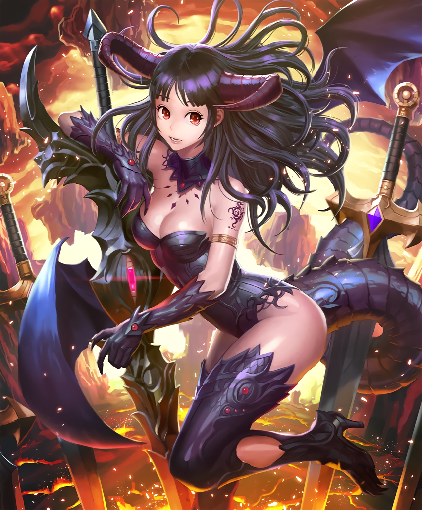 1girl artist_request black_hair boots collar cursebrand_vampire cygames demon_girl demon_horns demon_tail demon_wings fingernails gloves high_heels holding holding_sword holding_weapon horns long_hair looking_back official_art red_eyes shadowverse sharp_fingernails shingeki_no_bahamut sword tail tattoo thigh-highs thigh_boots weapon wings