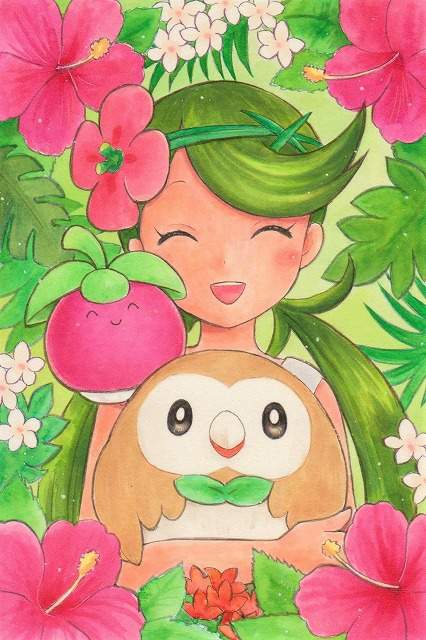 bounsweet closed_eyes flower green_hair hair_flower hair_ornament hibiscus hug jean_bolly leaf mallow_(pokemon) plumeria pokemon pokemon_(creature) pokemon_(game) pokemon_sm rowlet smile twintails