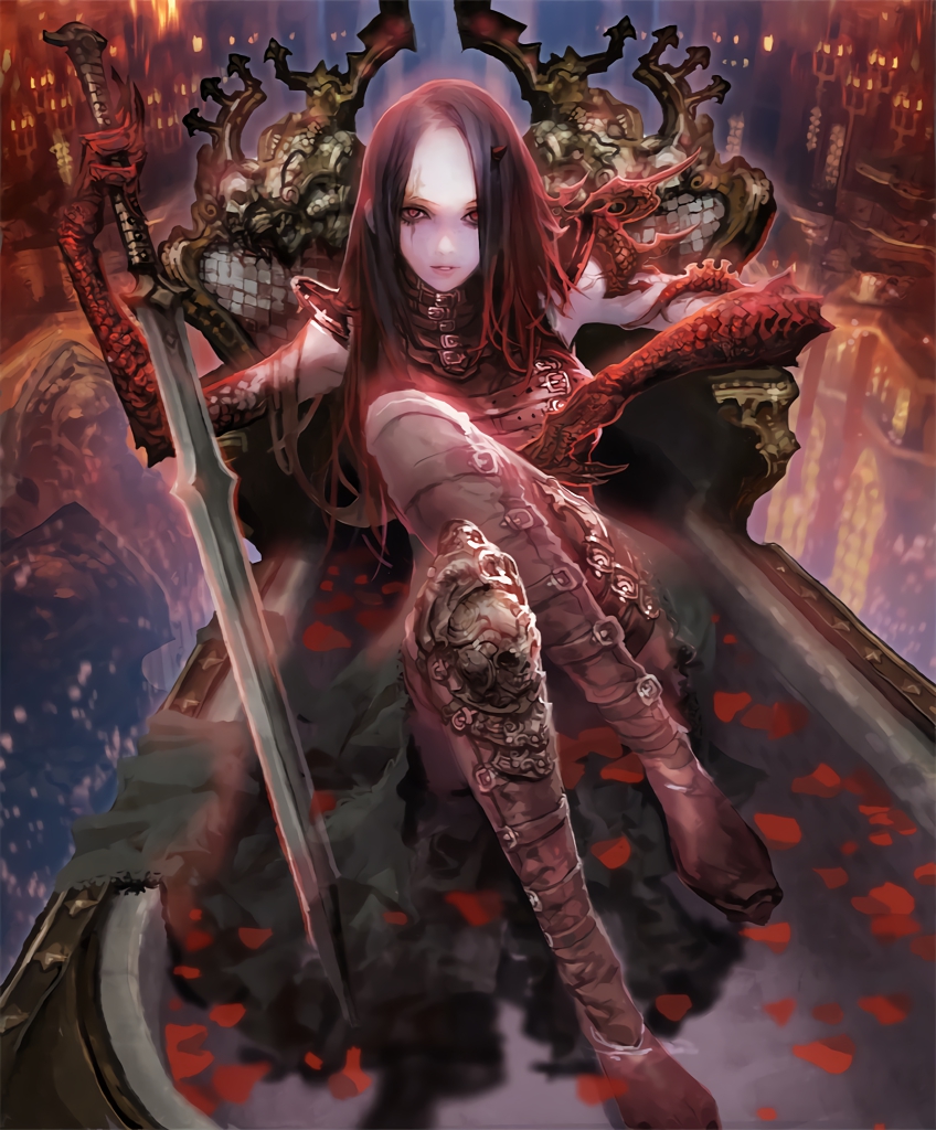 1girl artist_request belt black_hair bloody_mary_(shingeki_no_bahamut) boots castle claws cygames dress holding holding_sword holding_weapon horn long_hair official_art pale_skin petals red_eyes scales scar shadowverse shingeki_no_bahamut sitting sword thigh-highs thigh_boots throne weapon