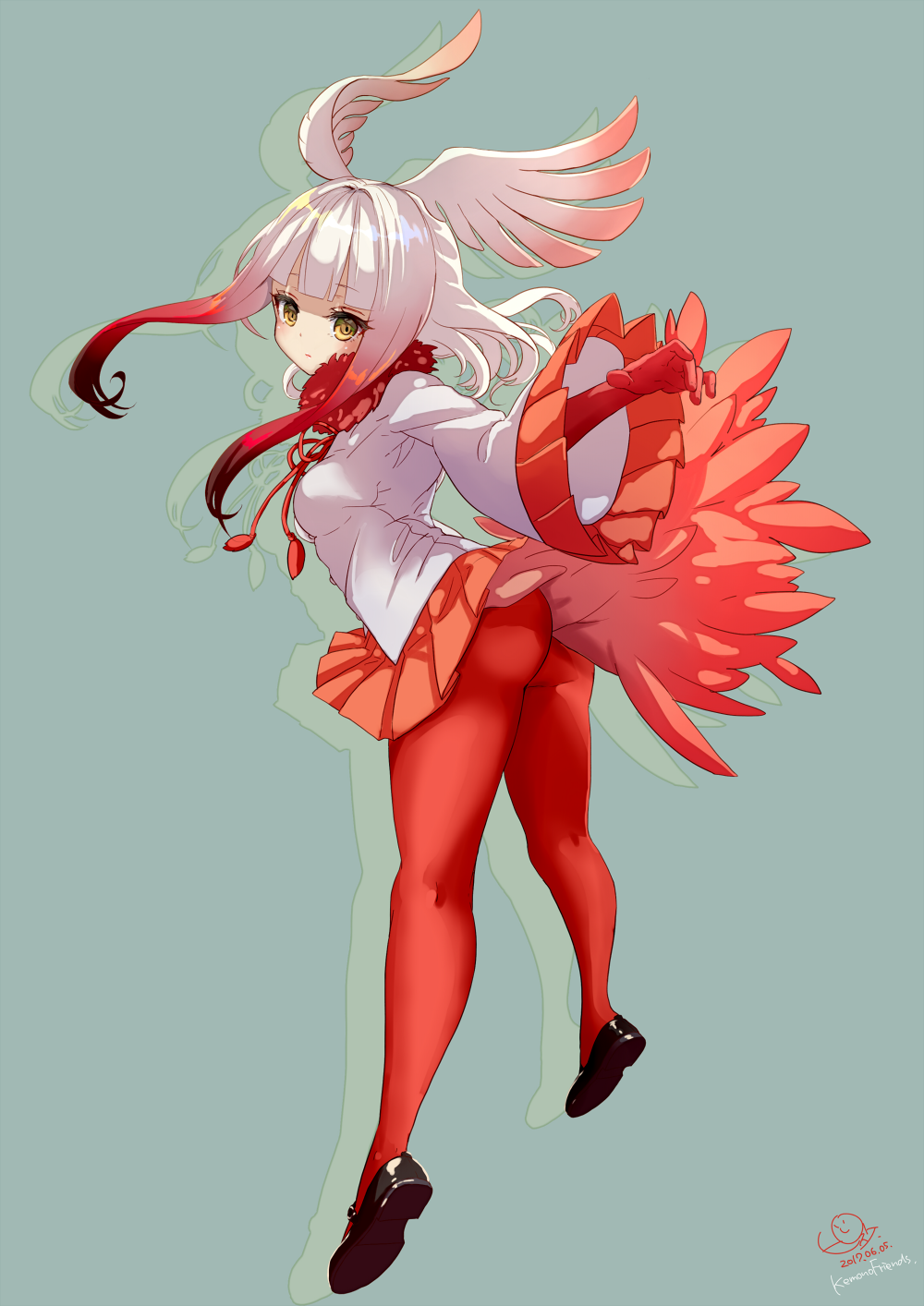 1girl ass blush breasts coat expressionless full_body fur_collar gradient_hair half-closed_eyes head_wings highres japanese_crested_ibis_(kemono_friends) jitome kemono_friends legs long_sleeves looking_at_viewer multicolored_hair pantyhose pisuke pleated_skirt red_legwear redhead short_hair_with_long_locks skirt solo two-tone_hair white_hair wide_sleeves yellow_eyes