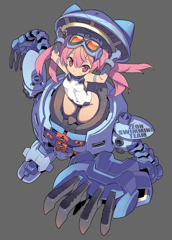 1girl arms_up blade_(galaxist) breasts covered_navel fingerless_gloves from_above gloves goggles goggles_on_head leotard long_hair looking_up mecha original pink_eyes pink_hair robot small_breasts solo twintails white_leotard