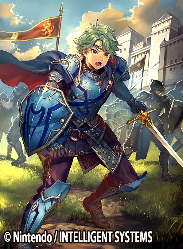 1boy alm_(fire_emblem) armor armored_boots boots cape clouds company_name faceless faceless_male fire_emblem fire_emblem_cipher fire_emblem_echoes:_mou_hitori_no_eiyuuou flag furikawa_arika grass green_eyes green_hair headband helmet male_focus official_art open_mouth shield sky solo sword teeth weapon